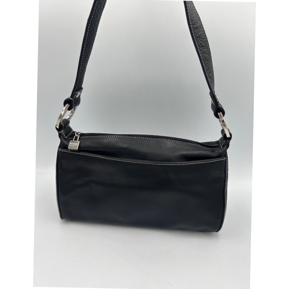 Perlina New York Black Leather Baguette Shoulder Bag Contrast Stitch Y2K Vintage